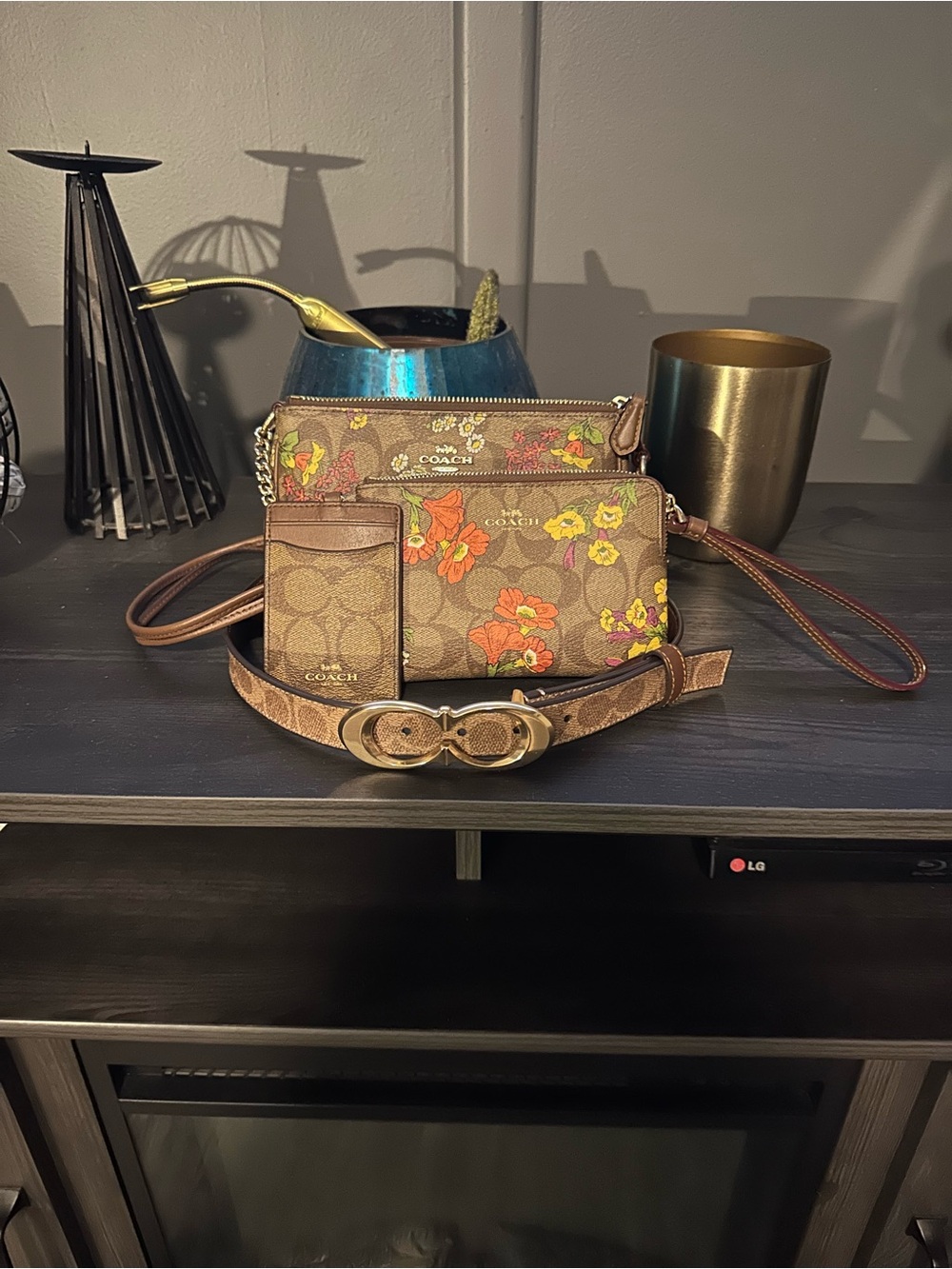 Coach Brown Signature Floral Mini Crossbody Set with Card Case
